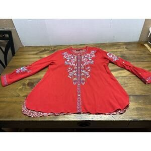 Calessa Womens Sz L Red Floral Embroidery Button Blouse Roll Sleeves Boho Top